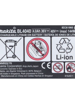 Zestaw akumulatorów Makita 3x BL 4040 40 V maks. 4,0 Ah XGT Li-Ion ( 3x 191B26-6 ) Stopień ochrony IP64 z wyświetlaczem LED