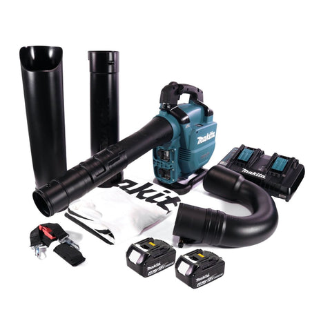 Soplador / aspirador de hojas a batería Makita DUB 363 PM2V 36 V (2x 18 V) sin escobillas + set de aspiración + 2x batería 4,0 Ah + cargador doble