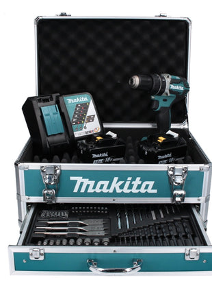 Makita DHP 484 RF2X4 Akku Schlagohrschrauber 18 V 54 Nm Brushless + 2x Akku 3,0 Ah + Ladegerät + 70 tlg. Bit Bohrer Set + Koffer