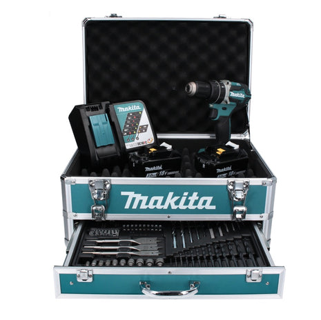 Makita DHP 484 RF2X4 Akku Schlagohrschrauber 18 V 54 Nm Brushless + 2x Akku 3,0 Ah + Ladegerät + 70 tlg. Bit Bohrer Set + Koffer