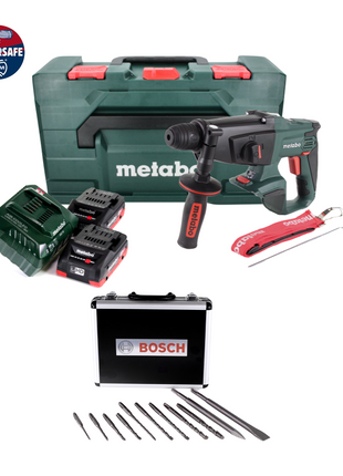 Metabo KHA 18 LTX Akku Kombihammer 18 V 2,2 J SDS Plus + 2x Akku 4,0 Ah + Ladegerät + Bohrer und Meißel Set 11 tlg. PGM zertifiziert  + metaBOX