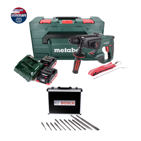 Metabo KHA 18 LTX Perforateur sans fil 18 V 2,2 J SDS Plus + 2x Batteries 4,0 Ah + Chargeur + jeu de perceuses et burins - 11 pièces.Certifié PGM + Coffret metaBOX