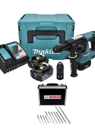 Taladro percutor inalámbrico Makita DHR 243 RFJ 18 V 2,0 J SDS plus sin escobillas + 2 baterías 3,0 Ah + cargador + juego de cinceles perforadores de 11 piezas + Makpac