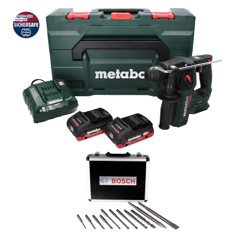 Metabo BH 18 LTX BL 16 Akku Bohrhammer 18 V 1,3 J SDS-plus Brushless + 2x Akku 4,0 Ah + Ladegerät + Bohrer und Meißel Set 11 tlg. PGM zertifiziert + MetaBOX