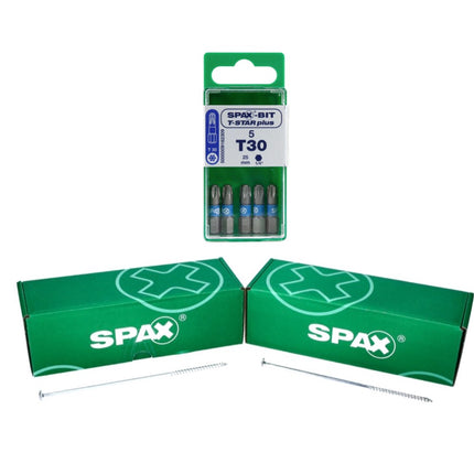 SPAX Set d'embouts T-STAR plus T30 - 6,4 x 25 mm, 5 pcs. + Vis à tête plate HI.FORCE 6,0 x 220 mm 50 pcs. (5000009182309) (0251010602205)