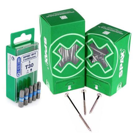 SPAX Bit T-STAR plus Set T30 - 6.4 x 25 mm - 5 pcs. + HI.FORCE Flat Head Screw 6.0 x 160 mm - 100 pcs. (5000009182309) (0251010601605)