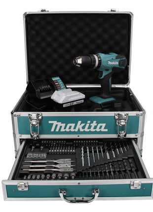 Makita HP 457 DWX4 Akku Schlagbohrschrauber 18 V 42 Nm G-Serie + 1x Akku 1,5 Ah + Ladegerät + 70 tlg. Bit Bohrer Set + Koffer