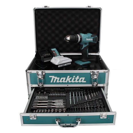 Makita HP 457 DWX4 Perceuse à percussion sans fil 42 Nm Série G 18 V + 1x Batterie 1,5 Ah + Chargeur + Coffret de mèches, 70pcs. + Coffret