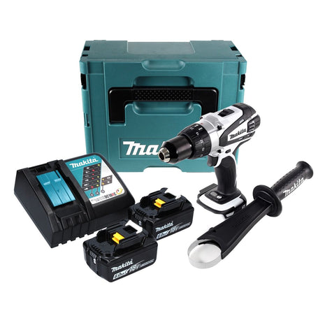 Makita DDF 458 RGJ W Taladro atornillador inalámbrico 18 V 91 Nm blanco + 2x baterías 6,0 Ah + cargador + Makpac