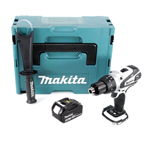 Makita DDF 458 T1J W Taladro atornillador inalámbrico 18 V 91 Nm blanco + 1x batería 5,0 Ah + Makpac - sin cargador