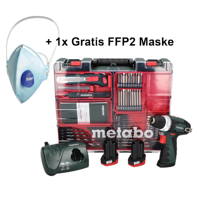 Metabo PowerMaxx BS Basic Set Akku Bohrschrauber 10,8 V 34 Nm ( 600080880 ) + 2x Akku 2,0 Ah + Ladegerät + 64 tlg. Bit Bohrer Set + 1x FFP2 Maske + Koffer