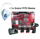 Metabo PowerMaxx BS Basic Set Perceuse-visseuse sans fil 10,8 V 34 Nm ( 600080880 ) + 2x batterie 2,0 Ah + chargeur + 64 pces set de forets à embouts + 1x masque FFP2 + coffret