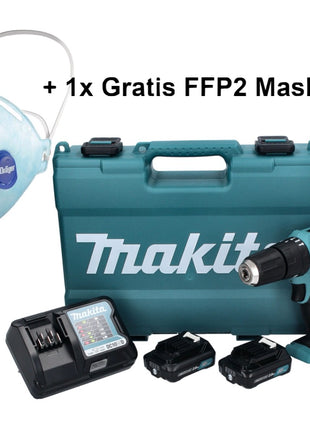 Makita HP 333 DWAE Akku Schlagbohrschrauber 12 V 30 Nm + 2x Akku 2,0 Ah + Ladegerät + 1x FFP2 Maske + Koffer - Toolbrothers