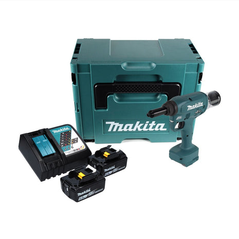 Makita DRV 250 RGJ Akku Blindnietsetzgerät 18 V 20 kN Brushless + 2x Akku 6,0 Ah + Ladegerät + Makpac