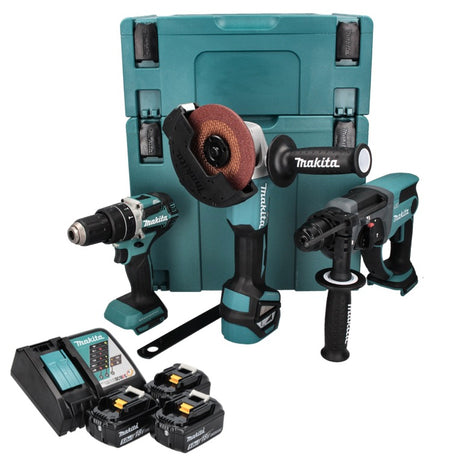 Makita DLX 3093 TJ  18 V Set spécial 3: 1x DHP 484, 54 Nm + 1x DHR 202, 2,0 J + 1x DGA 513, 125 mm + 3x Batteries 5,0 Ah + Chargeur + 2x Coffrets Makpac