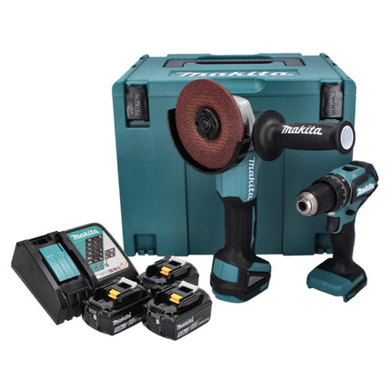 Makita DLX 2334 J kit combinado sin cable 18 V con DHP 485 50 Nm sin escobillas + DGA 504 125 mm sin escobillas + 3x batería recargable 3.0 Ah + cargador + Makpac