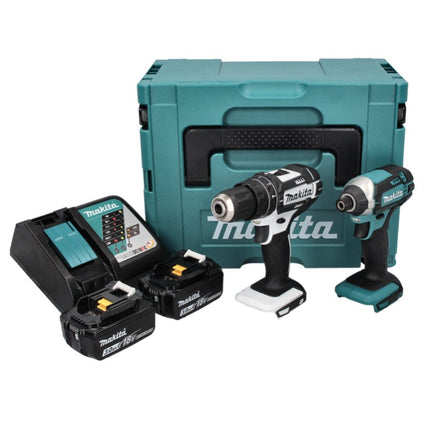 Makita DLX 2131 J Akku Kombo Kit 18 V mit DHP 482 Weiß 62 Nm + DTD 152 165 Nm + 2x Akku 3,0 Ah + Ladegerät + Makpac