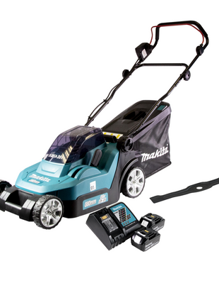 Cortacésped a batería Makita DLM 432 RF2 36 V (2x 18 V) 43 cm sin escobillas + 2x batería 3,0 Ah + cargador + 1x hoz