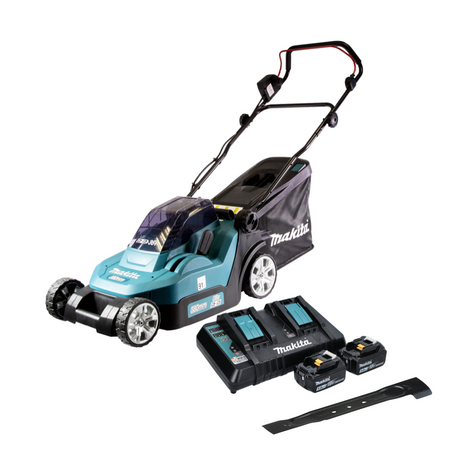 Makita DLM 382 PT2 cordless lawn mower 36 V ( 2x 18 V ) 38 cm 40 l + 2x battery 5.0 Ah + double charger + sickle blade