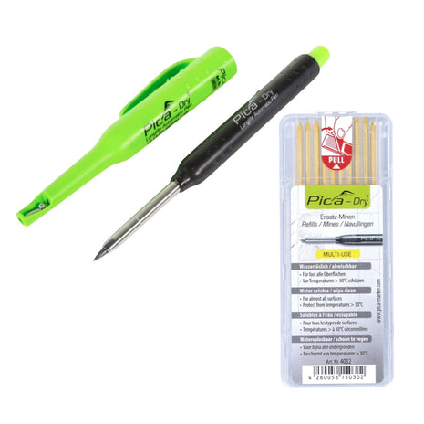 Pica DRY Longlife Automatic Pen Marqueur pour trous profonds (3030) + kit de recharge - 10 pièces jaune soluble dans l'eau (4032)