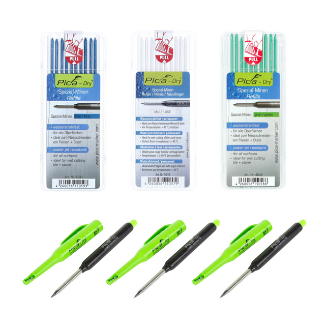 Pica DRY Vorteils Pack 3x Longlife Automatic Pen Tieflochmarker + 30x Spezial Minen Wasserstrahlfest Blau Weiss Grün - Toolbrothers