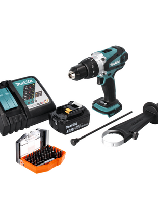 Makita DHP 458 RF1 Perceuse-visseuse à percussion sans fil 18 V 91 Nm + 1x Batterie 3,0 Ah + Chargeur + Jeu d'embouts - 44 pièces