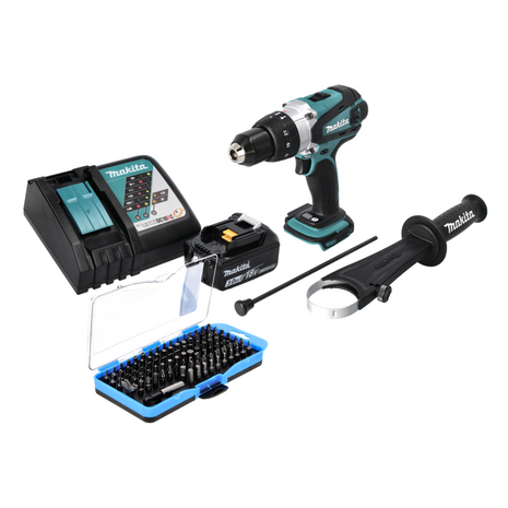 Makita DHP 458 RF1 Perceuse-visseuse à percussion sans fil 18 V 91 Nm + 1x Batterie 3,0 Ah + Chargeur +  Jeu d'embouts - 100 pièces