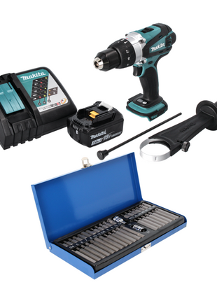 Makita DHP 458 RF1 Perceuse-visseuse à percussion sans fil 18 V 91 Nm + 1x Batterie 3,0 Ah + Chargeur + Jeu d'embouts - 40 pièces