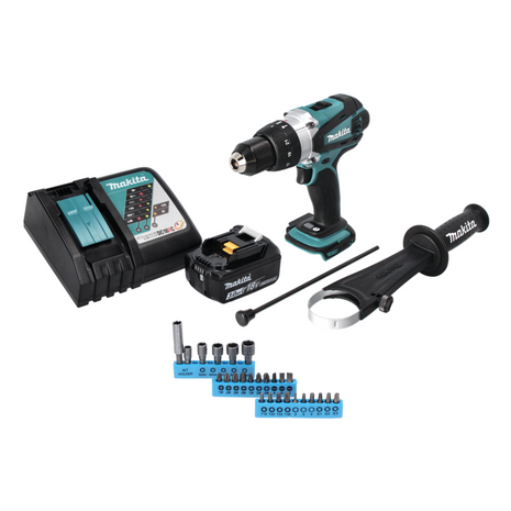 Taladro percutor inalámbrico Makita DHP 458 RF1 18 V 91 Nm + 1x batería 3,0 Ah + cargador + juego de puntas 26 piezas