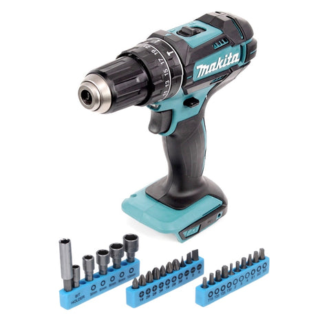 Makita DHP 482 Z Perceuse-visseuse à percussion sans fil 18 V 62 Nm + Jeu de 26 douilles à embouts - sans batterie, sans chargeur