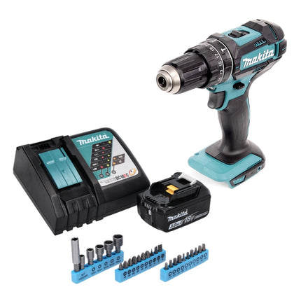 Taladro percutor inalámbrico Makita DHP 482 RF1 18 V 62 Nm + 1x batería 3,0 Ah + cargador + juego de llaves de vaso de 26 piezas
