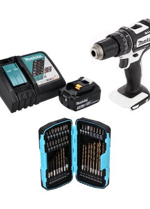 Makita DHP 482 RF1W taladro percutor inalámbrico 18 V 62 Nm + 1x batería 3,0 Ah + cargador + juego de brocas de 40 piezas