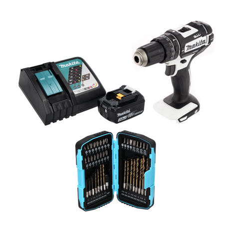 Makita DHP 482 RF1W Perceuse-visseuse à percussion sans fil 18 V 62 Nm + 1x Batterie 3,0 Ah + Chargeur + Jeu de forets - 40 pièces