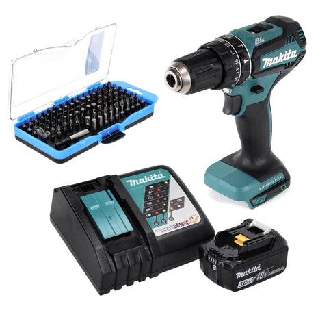 Makita DHP 485 RF1 Perceuse-visseuse à percussion sans fil 18 V 50 Nm Brushless + 1x Batterie 3,0 Ah + Chargeur + Jeu d'embouts 100 pièces