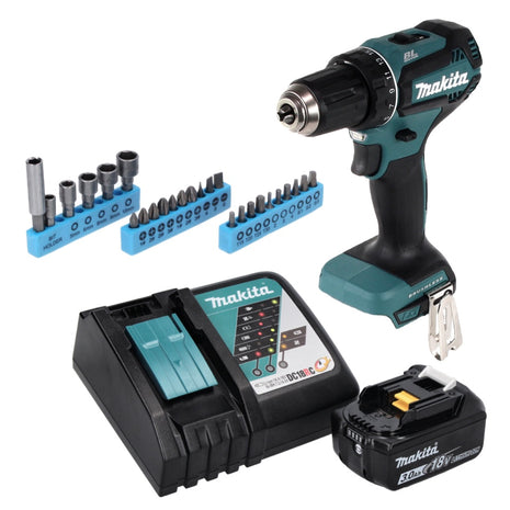 Makita DDF 485 RF1 taladro atornillador inalámbrico 18 V 50 Nm sin escobillas + 1x batería 3,0 Ah + cargador + juego de llaves de vaso de 26 piezas