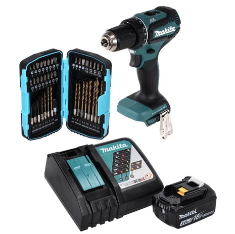 Makita DDF 485 RF1 Perceuse visseuse sans fil 50 Nm, 18V, sans balais + 1x Batterie 3,0 Ah + Chargeur + Set de forets à embouts 40 pièces