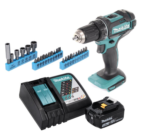 Taladro atornillador a batería Makita DDF 482 RF1 18 V 62 Nm + 1x batería 3,0 Ah + cargador + juego de llaves de vaso de 26 piezas