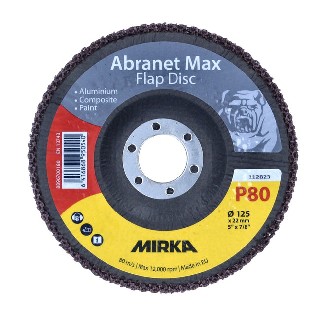 Mirka Abranet Max Flap disc T29 125 mm 22 mm ALOX 80 10 Stück ( 10x 8896700180 ) Fächerscheibe für Aluminium, Verbundstoffe, Lack