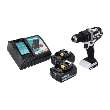 Makita DHP 484 RT W Taladro percutor inalámbrico 18 V 54 Nm sin escobillas blanco + 2x baterías 5,0 Ah + cargador