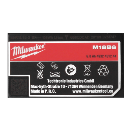 Milwaukee M18 B6 Battery 6.0Ah / 6000mAh 18V (4932451244)