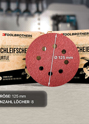 Toolbrothers TURTLE Schleifset 125mm Klett 8 Loch je 10x P40 / P60 / P80 / P120 / P180 / P240 für Hartholz, Weichholz, Lack, Stein, Stahl, Aluminium, Furnier - Toolbrothers