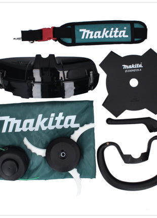 Débroussailleuse à batterie Makita UR 003 GD201 40 V sans balais IPX4 + 2x batteries 2,5 Ah + chargeur + bandoulière + tête de couteau + tête de fil + couteau à mouche + sac