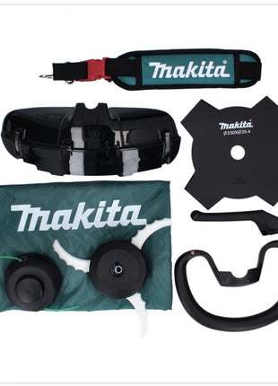 Desbrozadora de batería Makita UR 003 GM101 40 V sin escobillas IPX4 + batería 4,0 Ah + cargador + correa para el hombro + cabezal de cuchillo + cabezal de hilo + cuchillo mosca + bolsa