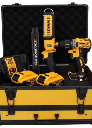 Taladro atornillador inalámbrico DeWalt DCD 791 P2 TX 18 V 70 Nm sin escobillas + lámpara de batería DCL 050 18 V + 2 baterías 5,0 Ah + cargador + metro plegable + maletín TX