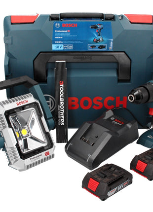 Bosch GSB 18V-55 Taladro percutor inalámbrico profesional 18 V 55 Nm sin escobillas + 2 baterías 2,0 Ah + cargador + L-Boxx + lámpara de obra con batería GLI 18 V-1900 + regla plegable Toolbrothers