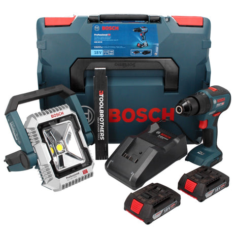 Bosch GSB 18V-55 Professional perceuse à percussion sans fil 18 V 55 Nm sans balais + 2 batteries 2,0 Ah + chargeur + L-Boxx + lampe de chantier à batterie GLI 18 V-1900 + règle pliante Toolbrothers