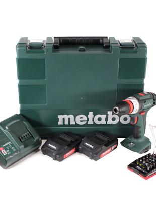 Metabo BS 18 Quick perceuse-visseuse sans fil 18 V 48 Nm + 2 batteries 2,0 Ah + chargeur + jeu d'embouts 32 pièces + coffret