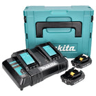 Kit di alimentazione Makita 18 V con 2x batteria BL 1820 B 2,0 Ah ( 197254-9 ) + caricatore doppio DC 18 SH ( 199687-4 ) + Makpac