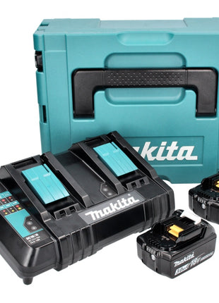 Kit de fuente de alimentación Makita 18 V con 2x batería BL 1830 B 3.0 Ah (197599-5) + cargador doble DC 18 SH (199687-4) + Makpac