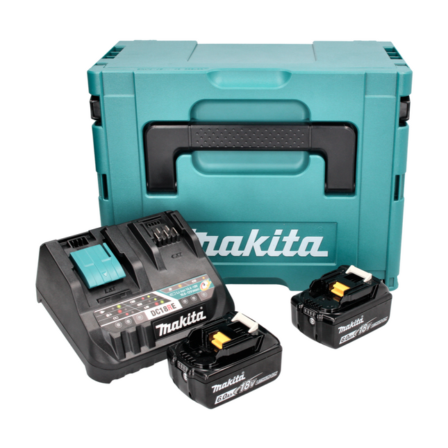 Kit alimentatore Makita 18 V con - 2x batterie BL 1860 B 6,0 Ah (2x 197422-4) + caricatore rapido multi DC 18 RE (198720-9) + Makpac